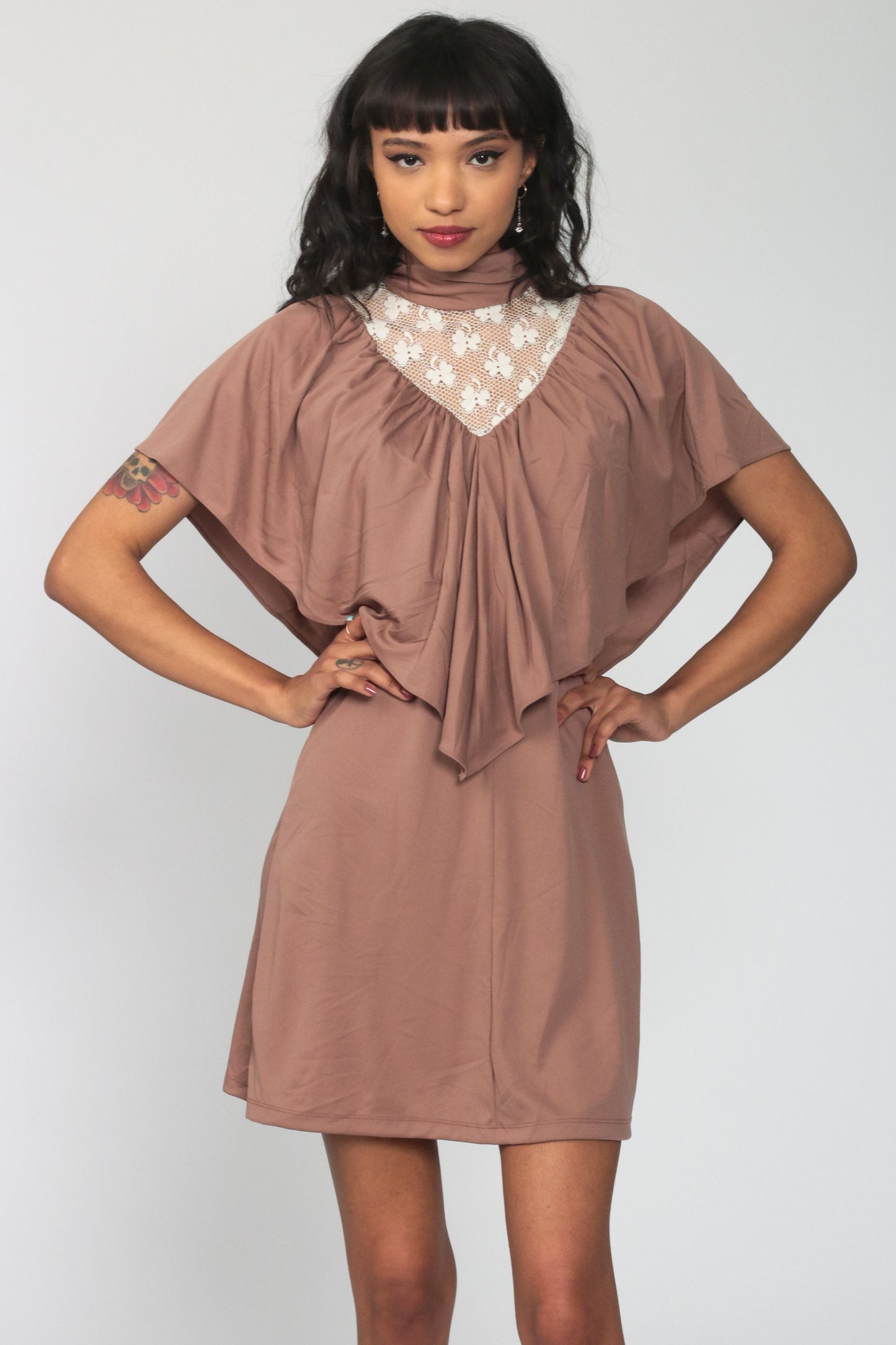70s Lace Mini Dress with Draped Capelet Mocha High Neck Small