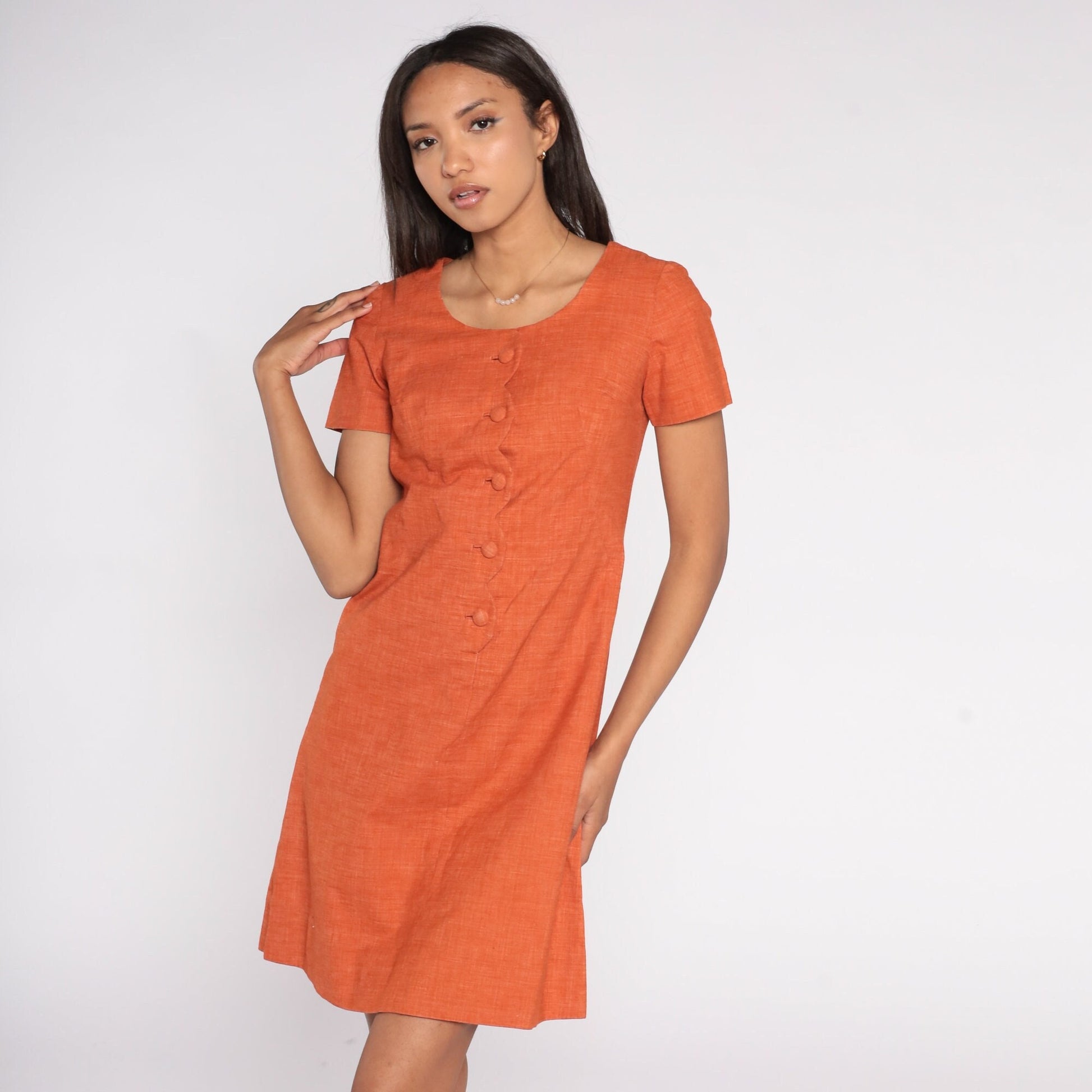 60s Burnt Orange Shift Dress Mini Button-Up Short Sleeve Cotton Extra Small