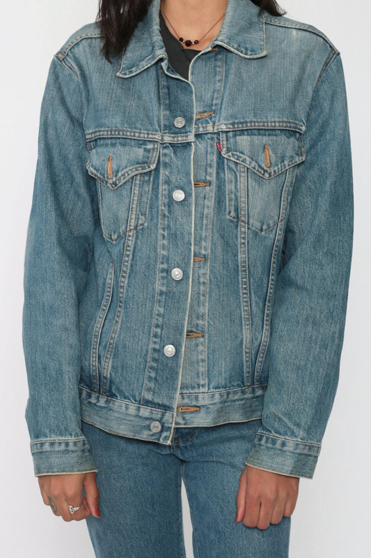 90s Levi's Denim Trucker Jacket Blue Red Tab Small Medium