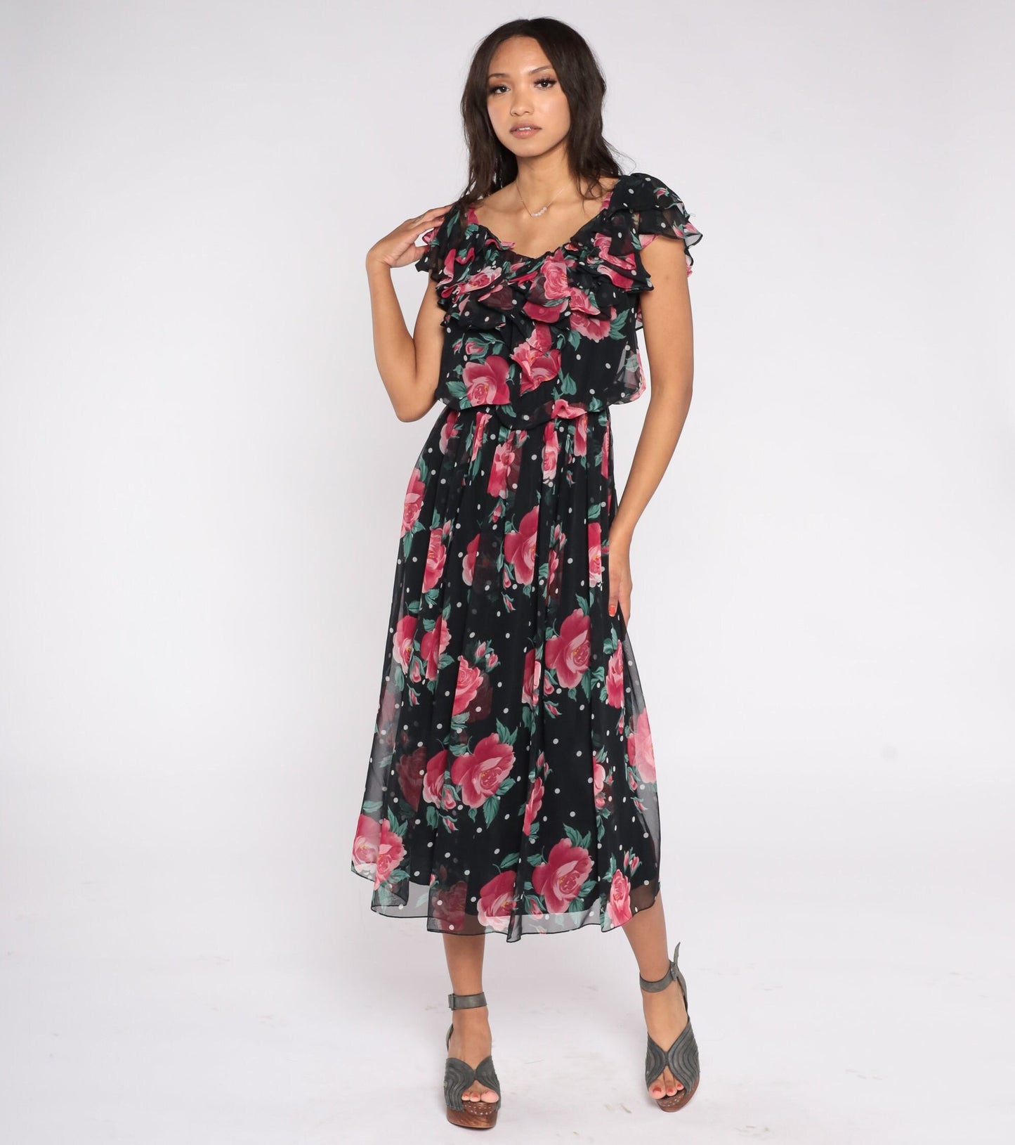 80s Black Floral Chiffon Midi Dress Rose Polka Dot Ruffled Flutter Sleeve Small