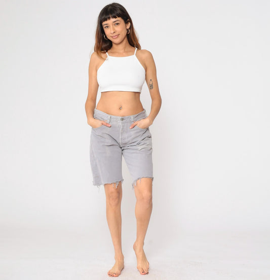 90s Levi's 501 Grey Denim Cut-Off Shorts Frayed Hem Medium 34