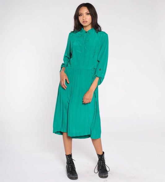 80s Green Satin Shirtdress Pleated High Waist Button-Up Midi Large