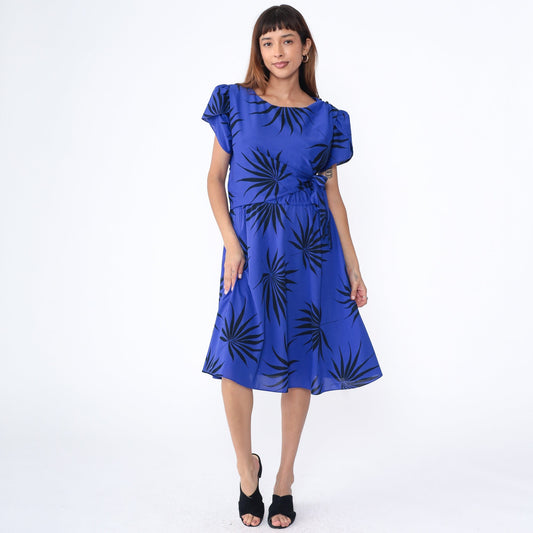80s Franky B Tropical Leaf Print Wrap Midi Dress Puff Sleeve Purple-Blue Large