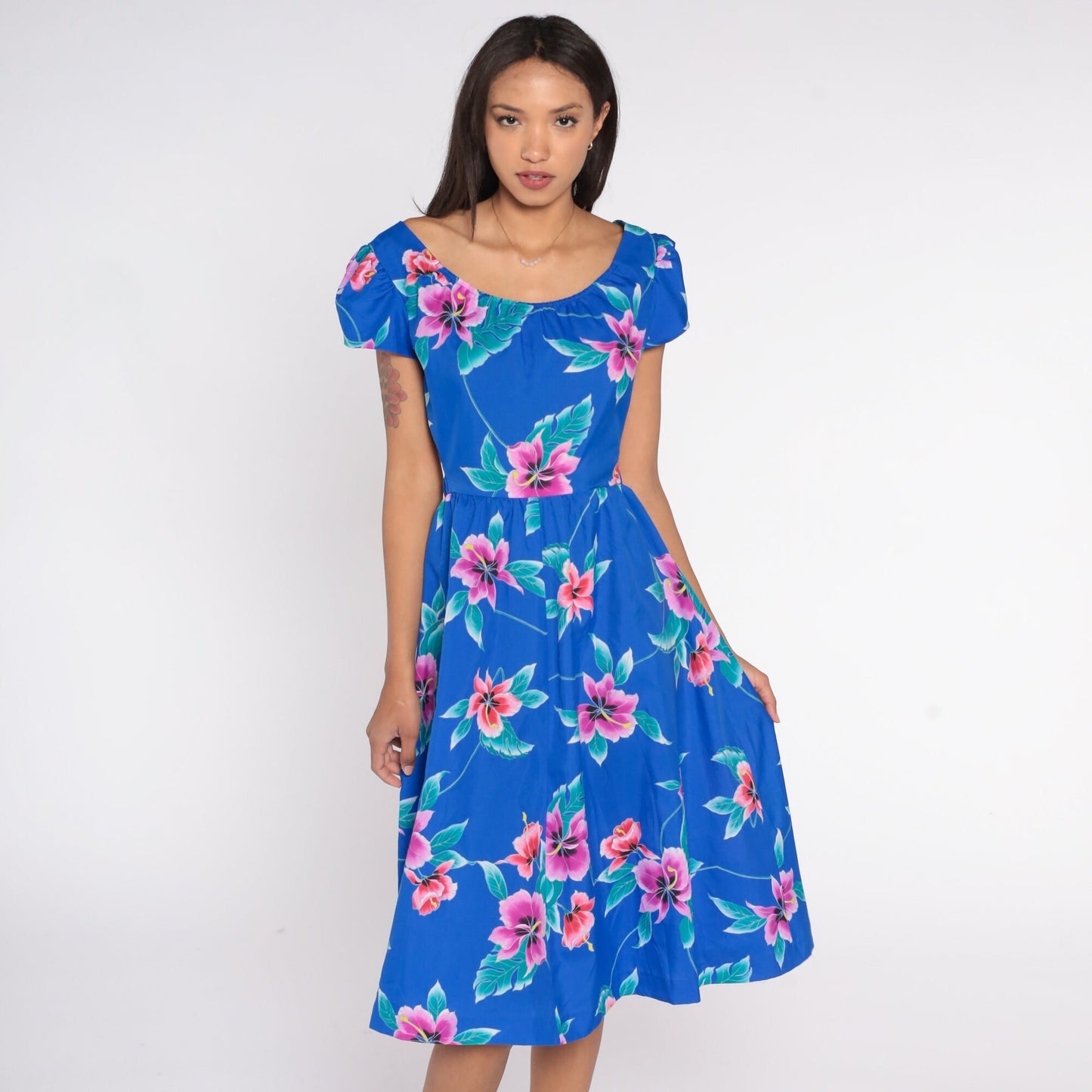 80s Tropical Floral Midi Dress Blue Keyhole Back Puff Sleeve High Waist Small