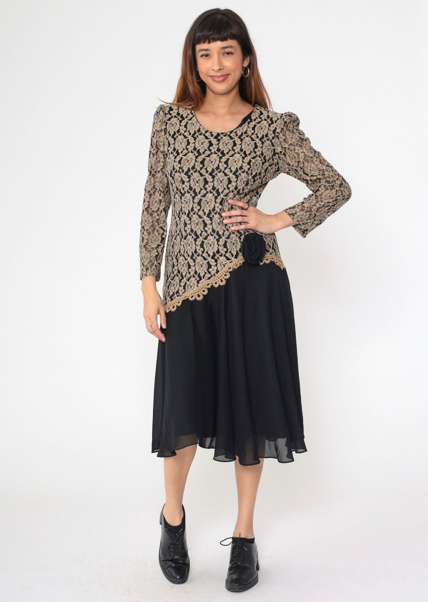 80s Black Tan Lace Chiffon Midi Dress Puff Sleeve Drop Waist Medium