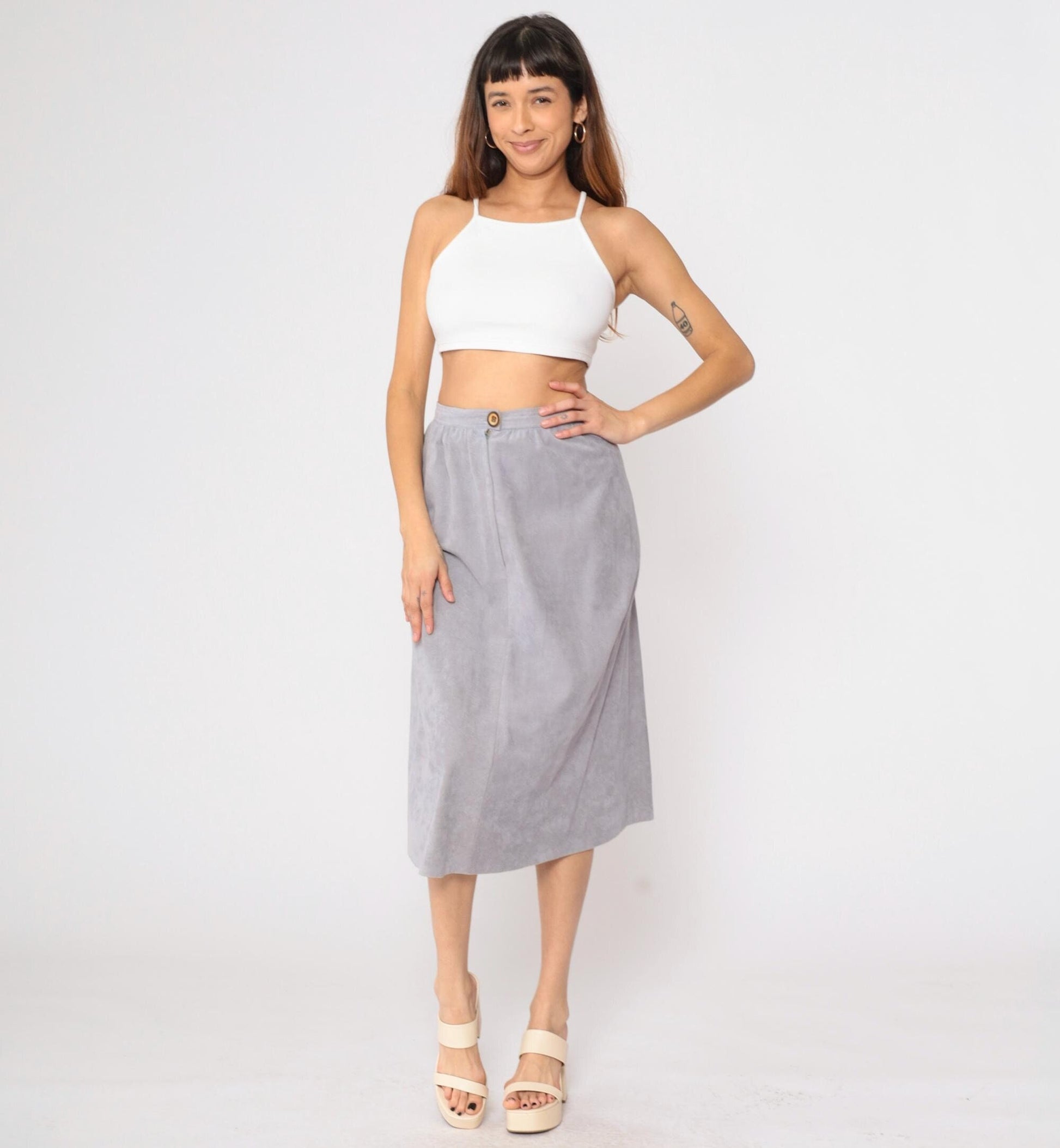 80s Grey Faux Suede Midi Pencil Skirt High Waist Small