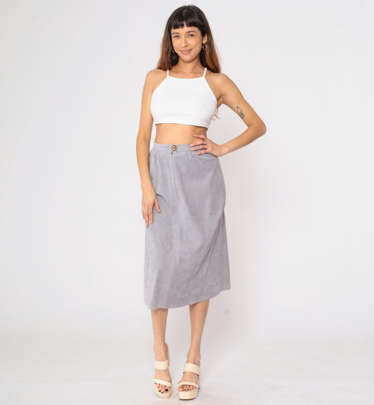 80s Grey Faux Suede Midi Pencil Skirt High Waist Small