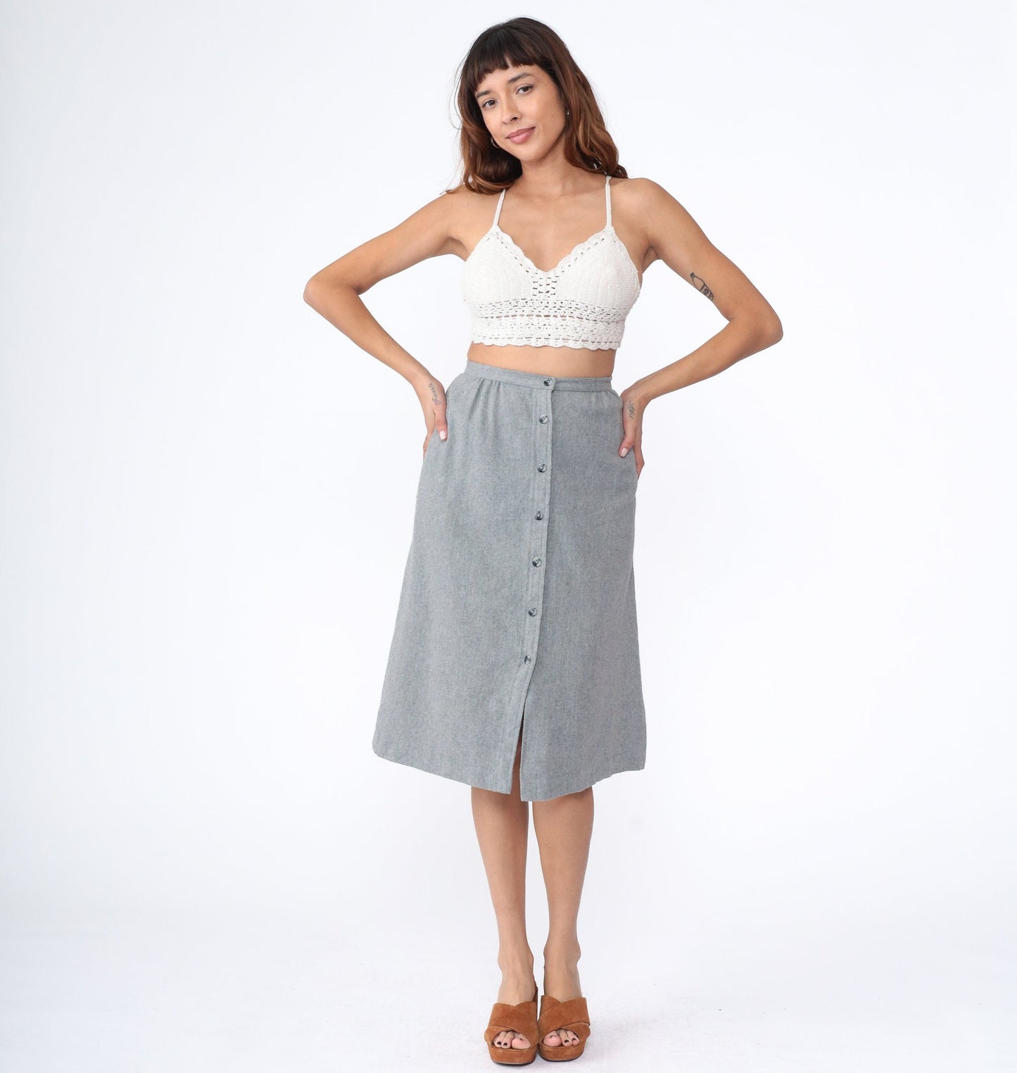 70s Bobbie Brooks Grey Midi Skirt Button Front High Waist Extra Small