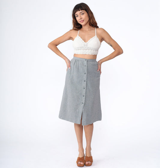 70s Bobbie Brooks Grey Midi Skirt Button Front High Waist Extra Small