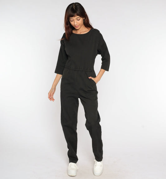 80s Black Jumpsuit High Waisted Tapered 3/4 Sleeve Playsuit Small Medium
