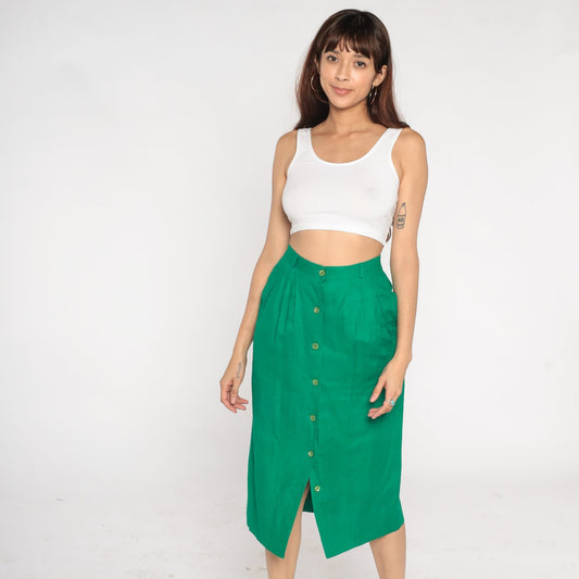 80s Green Linen Midi Skirt High Waist Button Front Pencil Small Medium