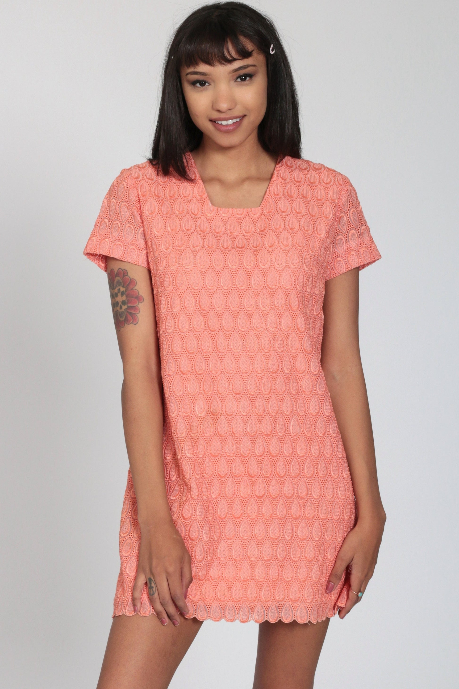 60s Orange Lace Mini Dress Shift Cocktail Short Sleeve Small