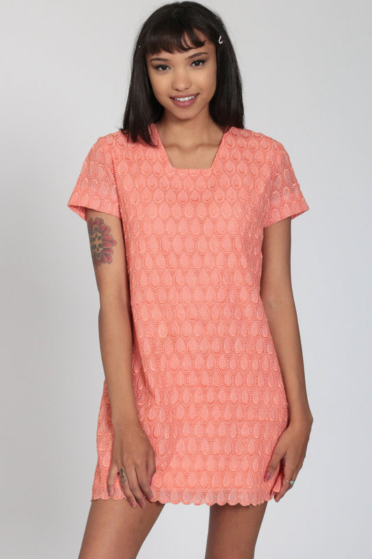 60s Orange Lace Mini Dress Shift Cocktail Short Sleeve Small