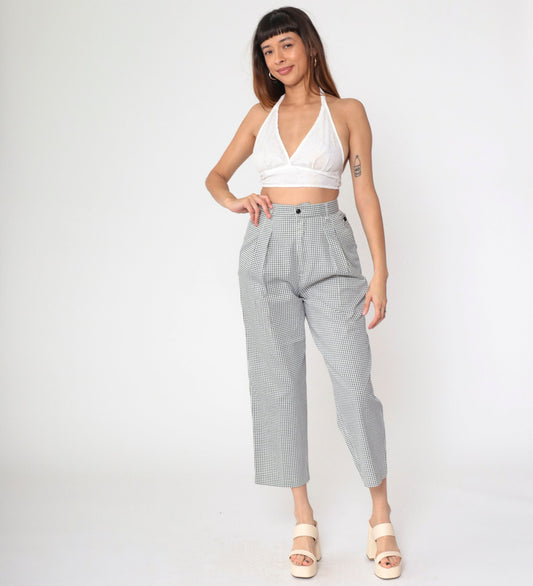 90s Houndstooth Cropped Trousers High Waist Pleated Black White Small