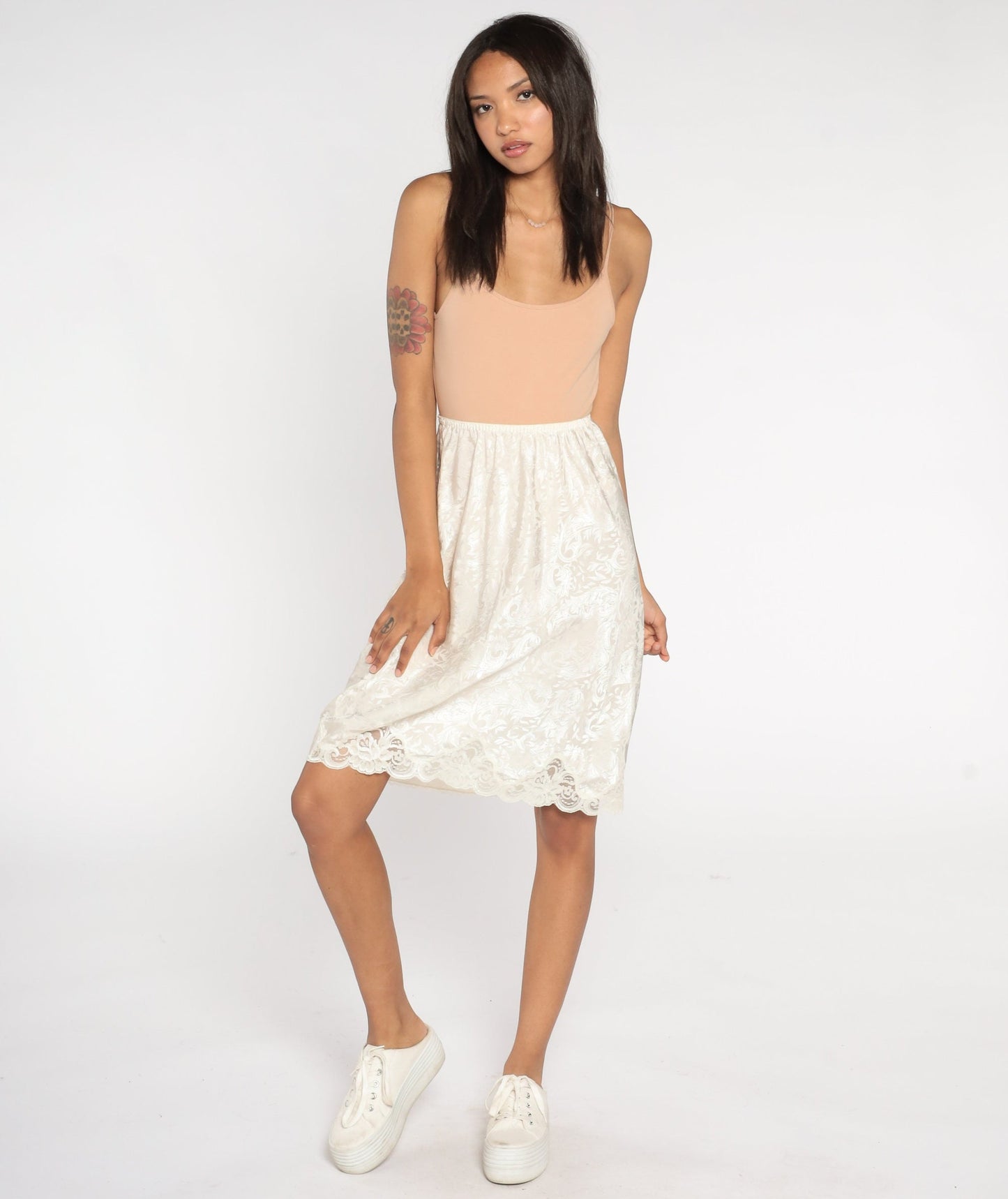 90s White Embossed Midi Slip Skirt Lace Trim High Waist Small