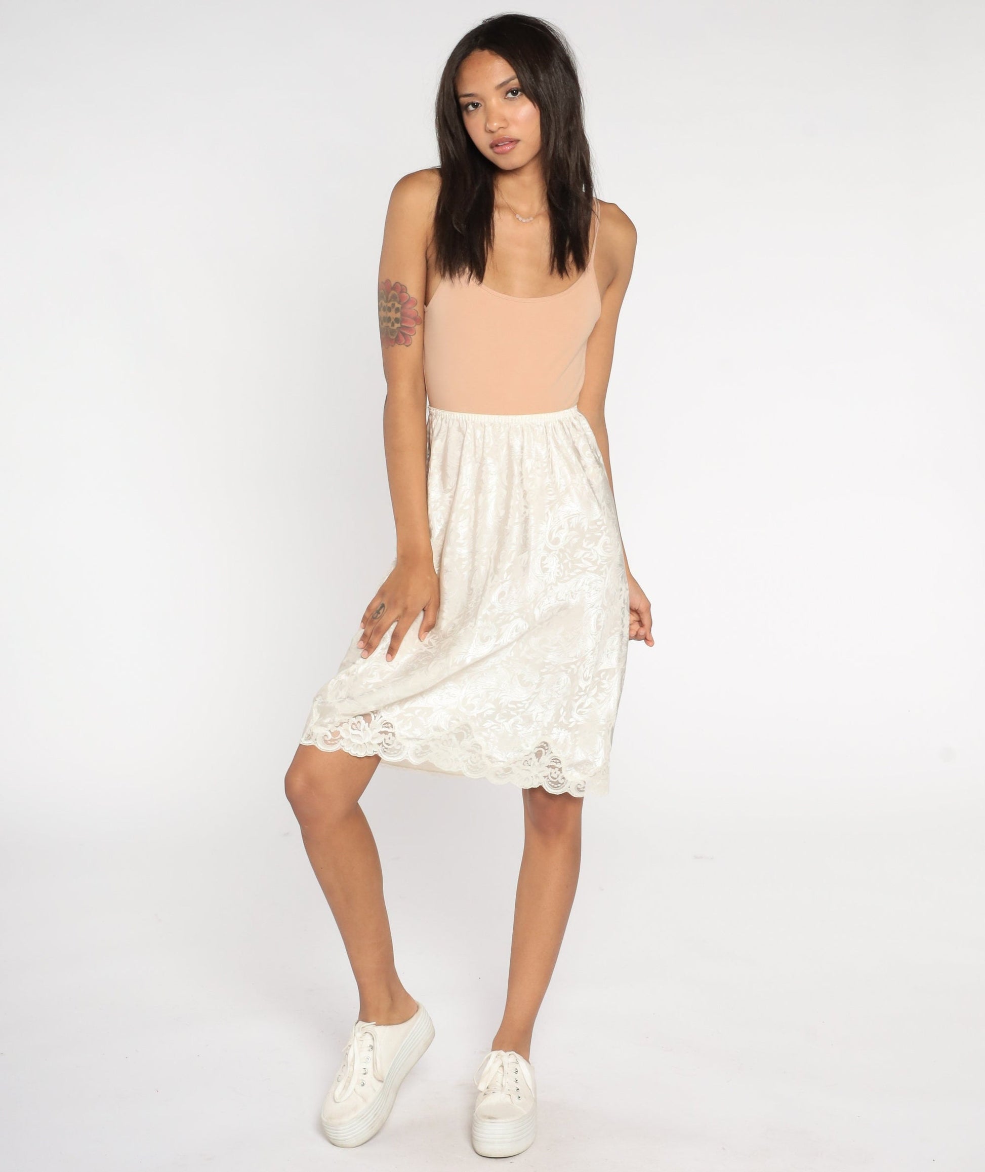 90s White Embossed Midi Slip Skirt Lace Trim High Waist Small