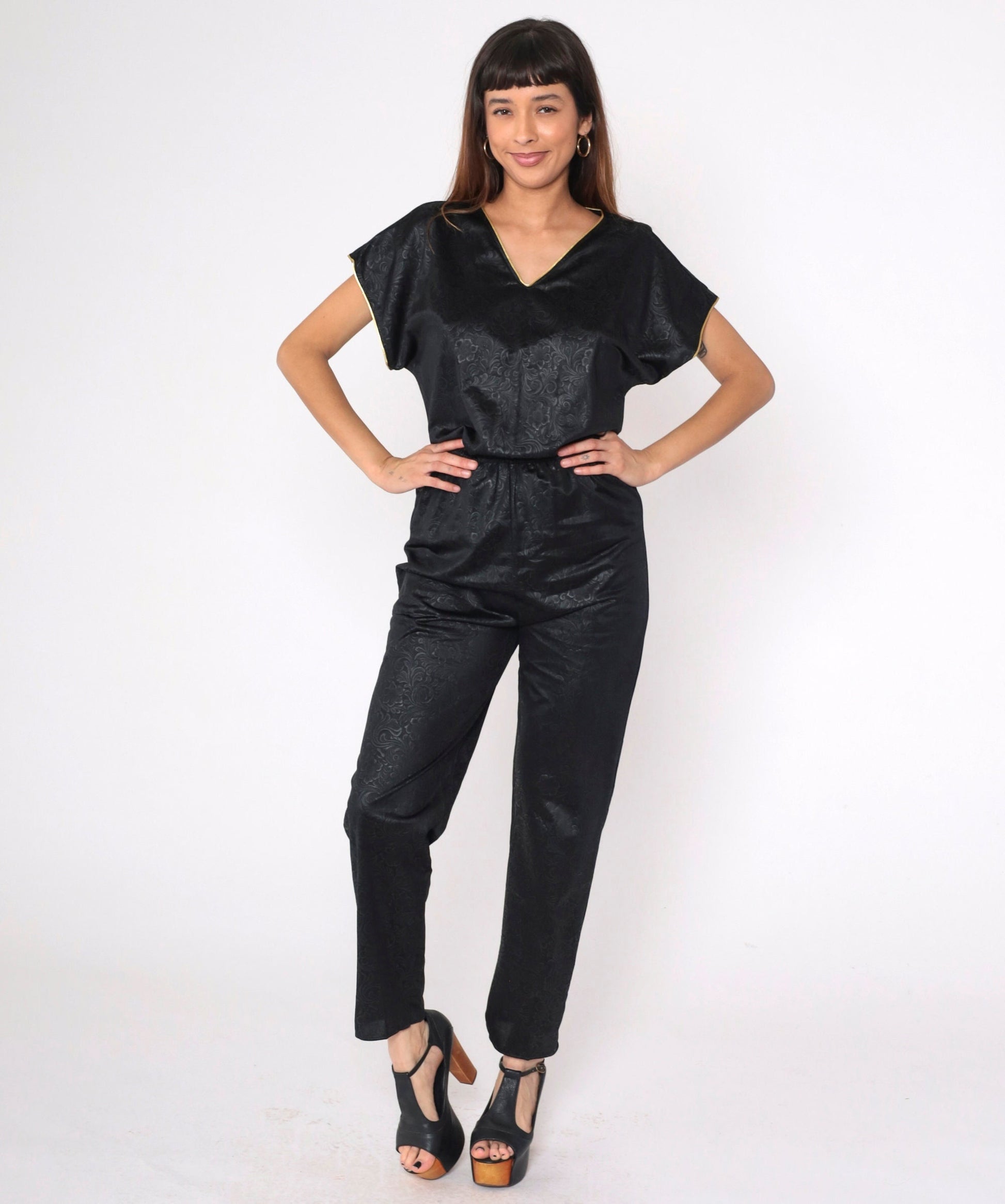 80s Black Floral Jumpsuit Gold Trim V-Neck Tapered High Waisted Small