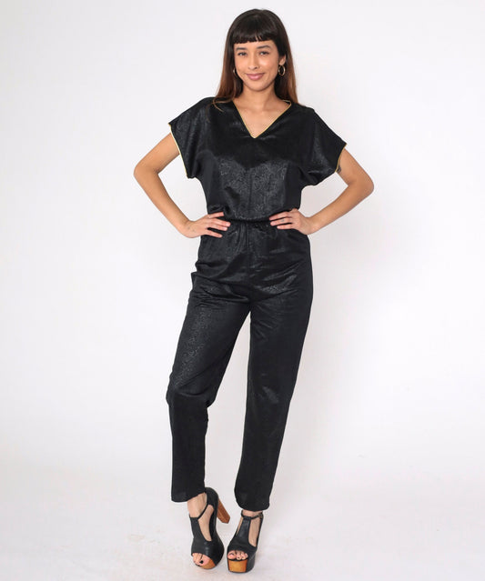 80s Black Floral Jumpsuit Gold Trim V-Neck Tapered High Waisted Small