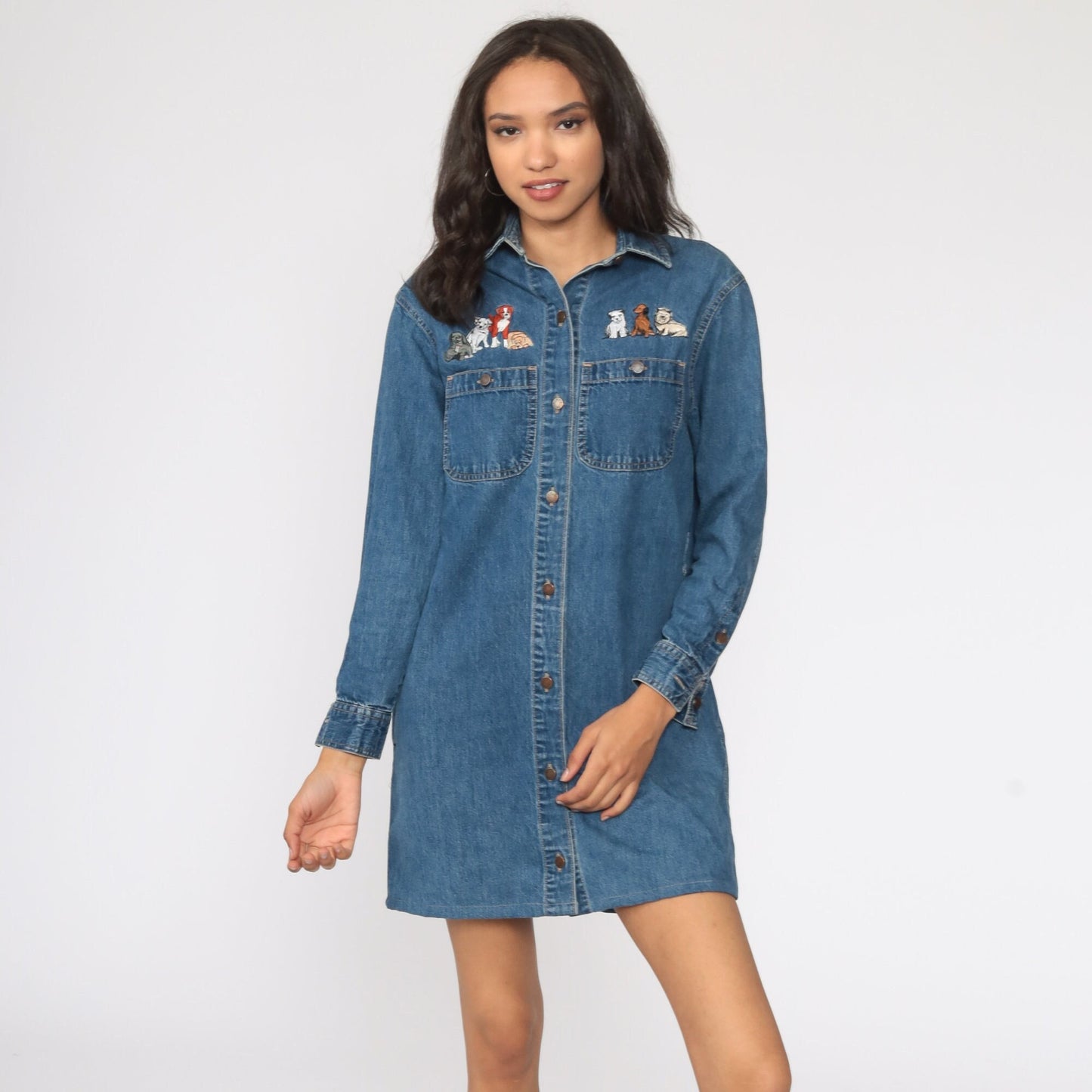 90s Calvin Klein Denim Mini Dress Embroidered Dogs Blue Button-Up Small