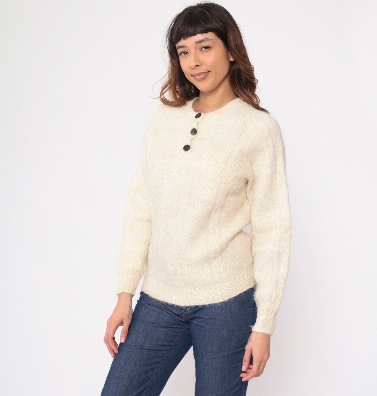 80s Aymara Alpaca Wool Cable Knit Sweater Cream Raglan Small S