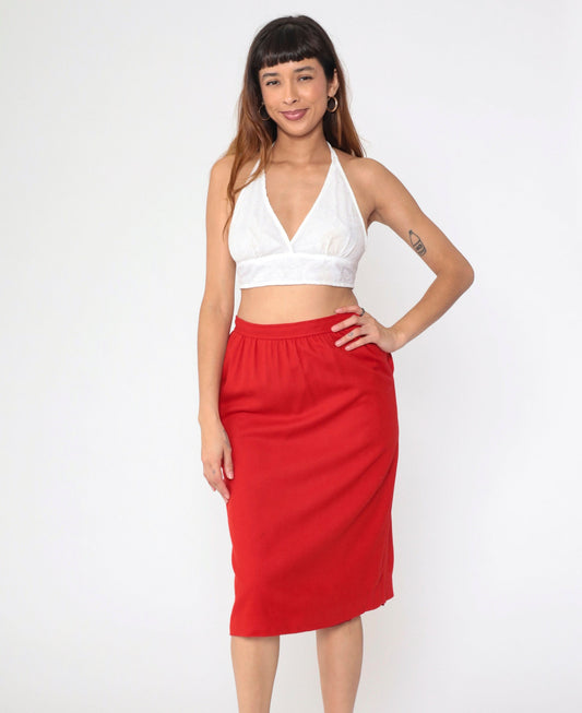80s I. Magnin Evan Picone Red Wool Pencil Skirt High Waist Medium