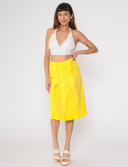 70s Yellow Midi Skirt Button Front High Waist Pleated Flecked Small