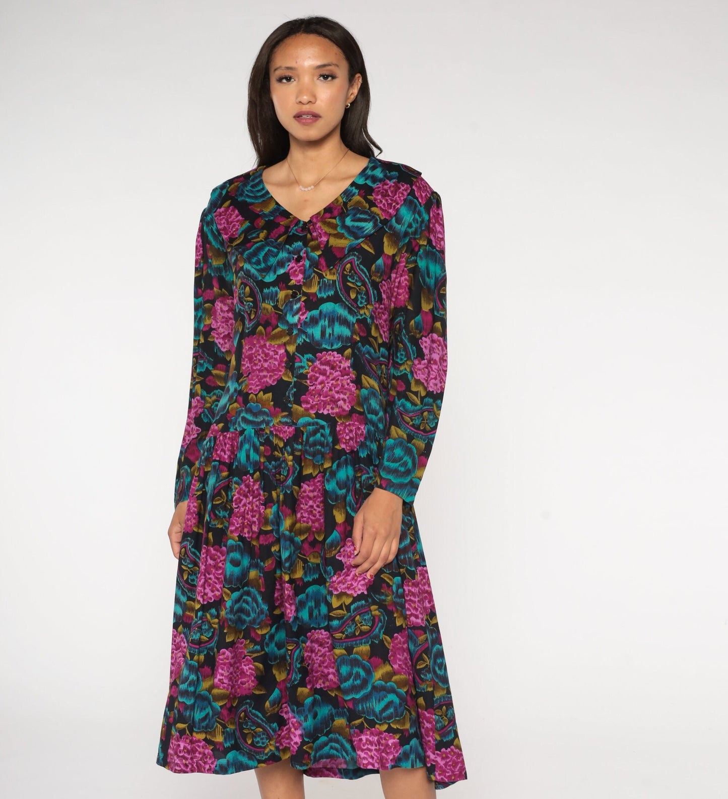90s Paisley Floral Midi Dress Button-Up Low Waist Blue Purple Rayon Medium