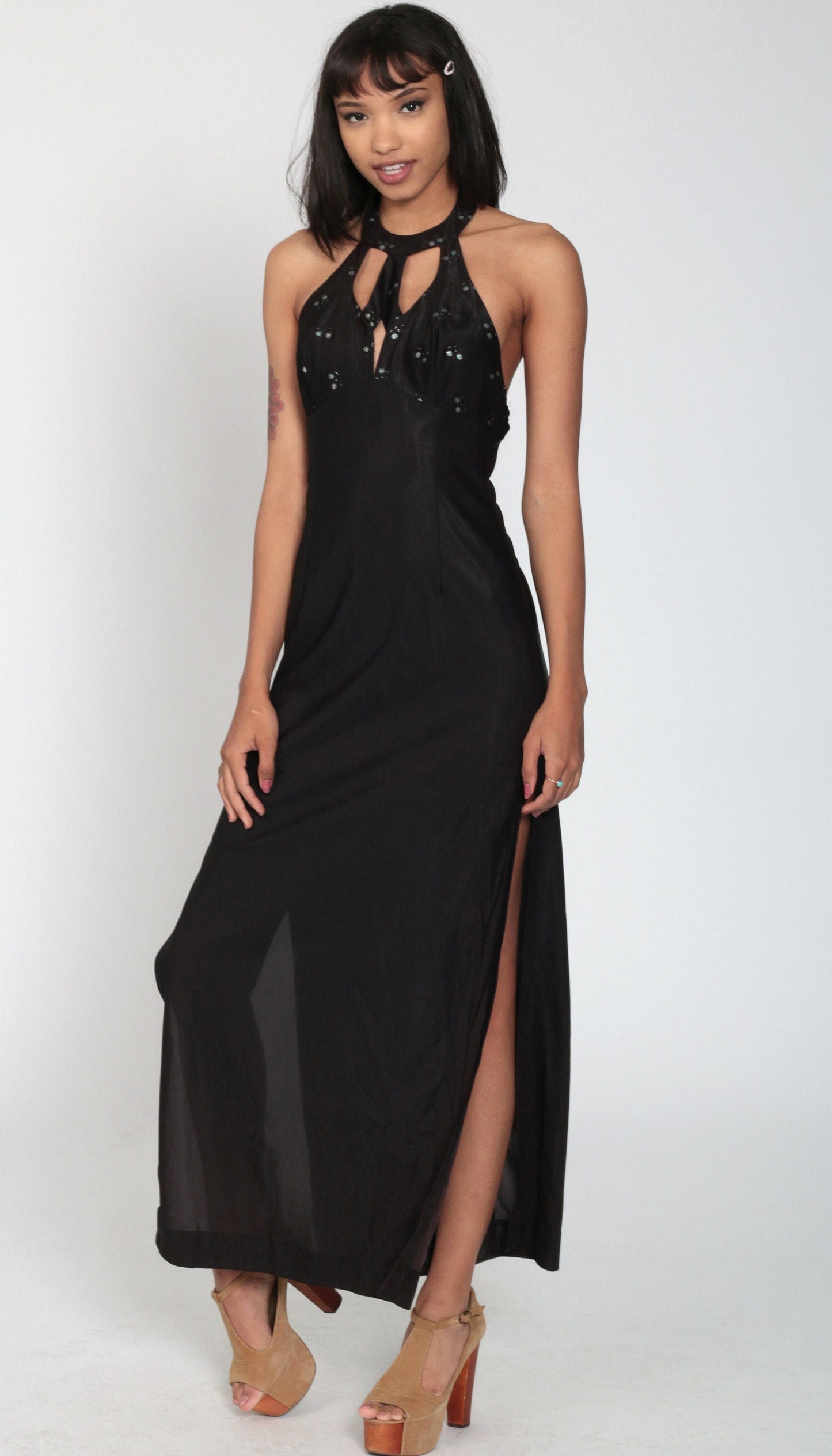 70s Frederick's of Hollywood Black Glitter Maxi Dress Halter Cutout Extra Small