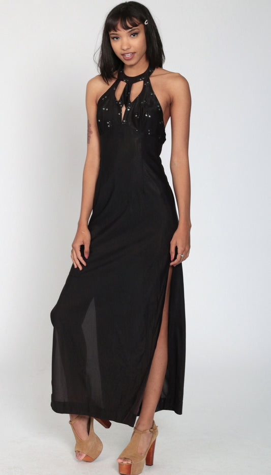 70s Frederick's of Hollywood Black Glitter Maxi Dress Halter Cutout Extra Small