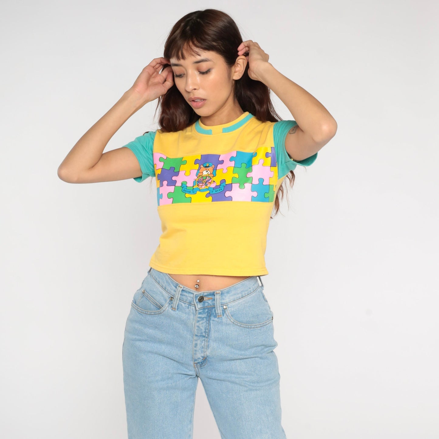 Y2K Sailor Bear Puzzle Graphic Crop Top Yellow Cotton Baby Tee Extra Small XS