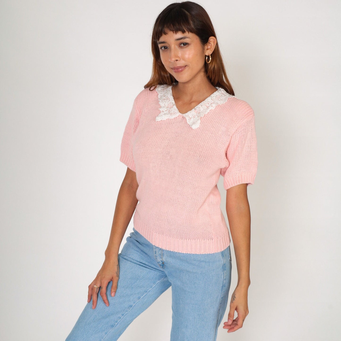 90s Baby Pink Knit Top Lace Granny Collar Short Sleeve Small