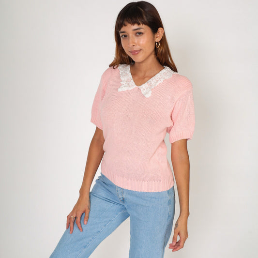 90s Baby Pink Knit Top Lace Granny Collar Short Sleeve Small