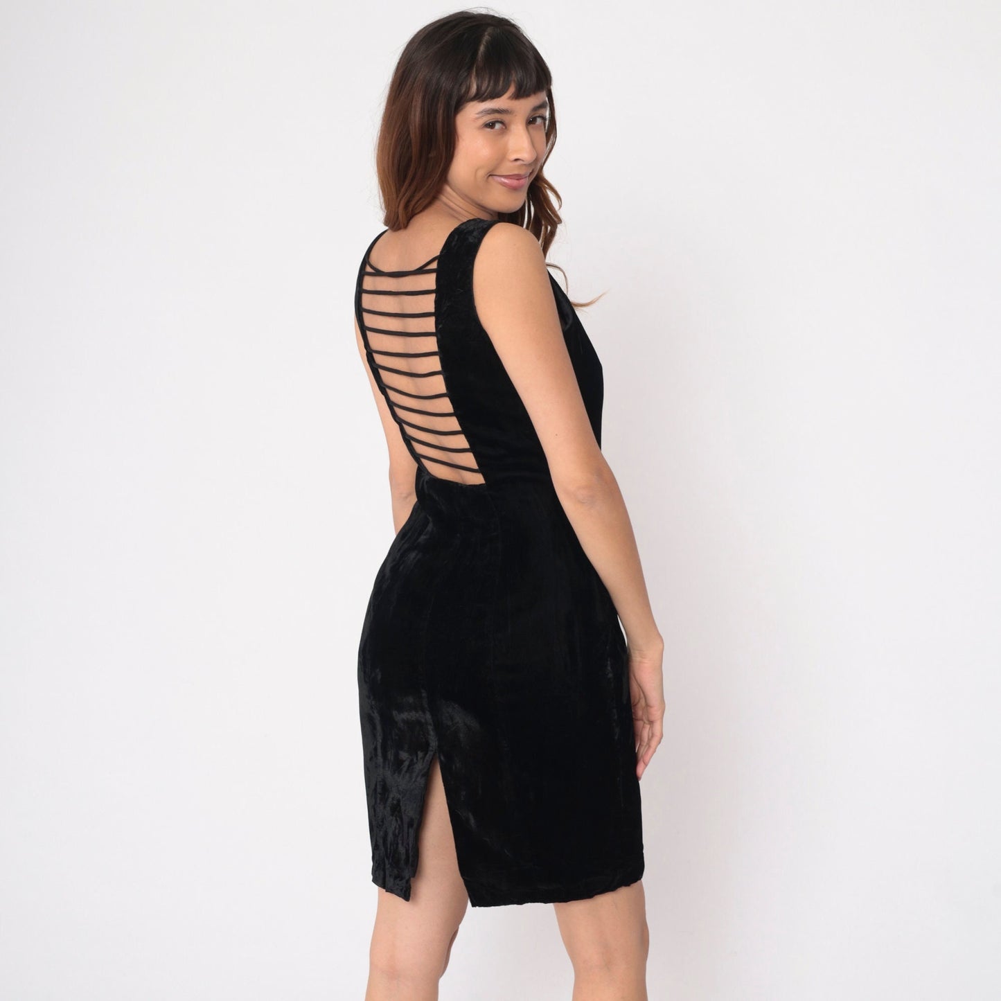 90s Black Velvet Mini Dress Square Neckline Strappy Open Back Medium