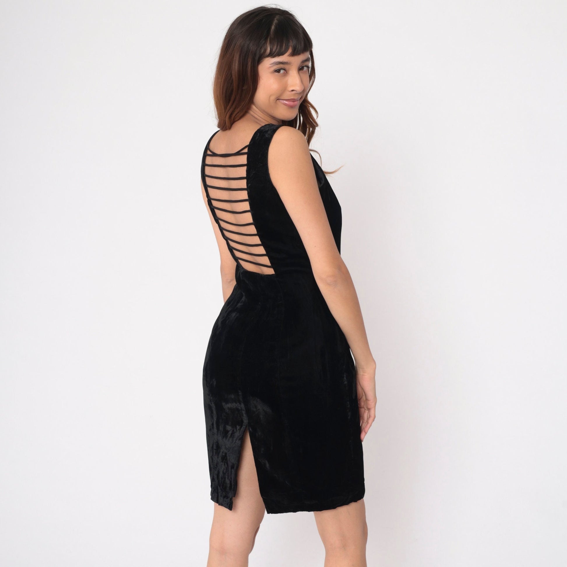 90s Black Velvet Mini Dress Square Neckline Strappy Open Back Medium