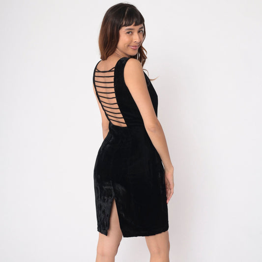 90s Black Velvet Mini Dress Square Neckline Strappy Open Back Medium