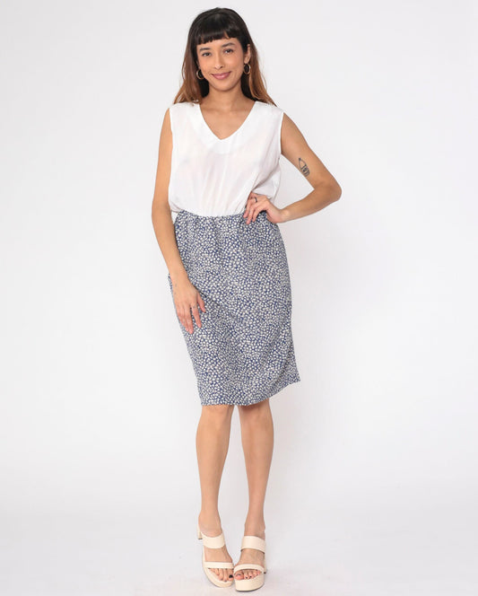 80s Perceptions Blue Ditsy Floral Midi Dress Blouson Bodice Sleeveless Small