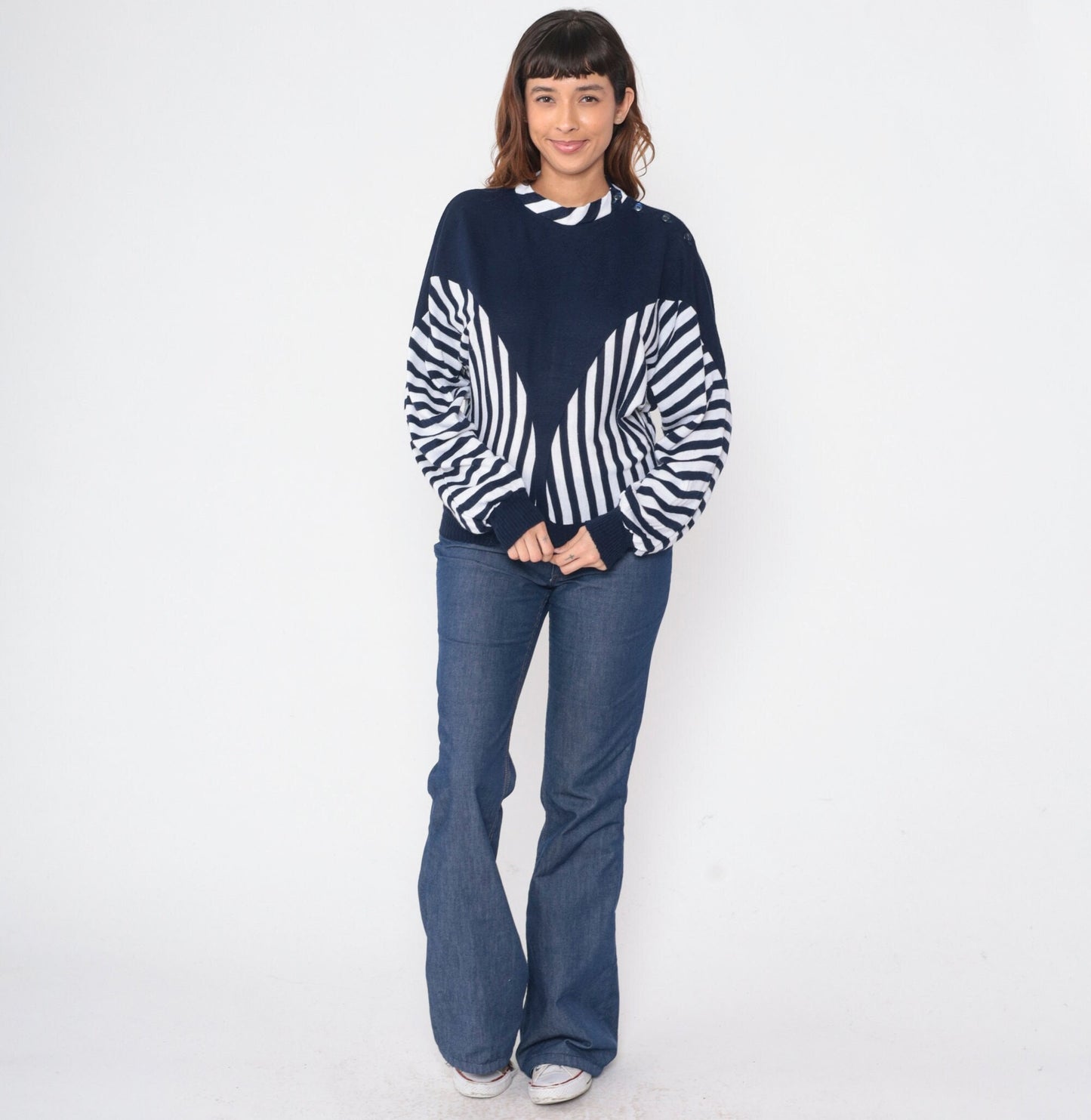 80s Clo Clo Striped Colorblock Knit Sweater Blue White Dolman Sleeve Small Medium