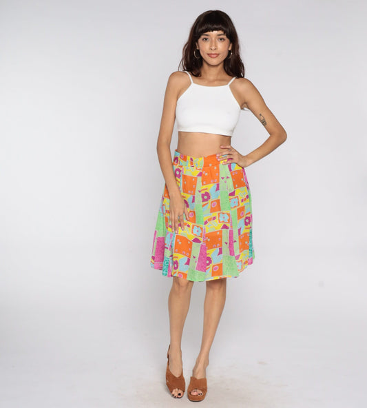 80s Floral Patchwork Mini Skirt High Waist Geometric Orange Green Medium