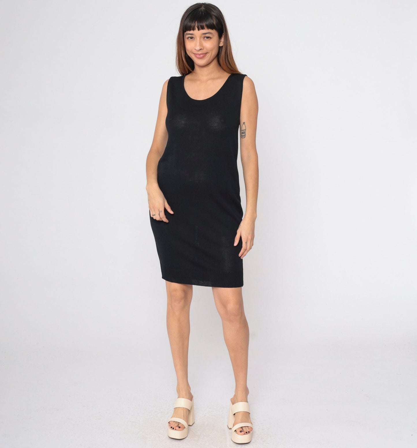 90s Donna Karan Black Knit Mini Dress Semi-Sheer Sleeveless Shift Medium