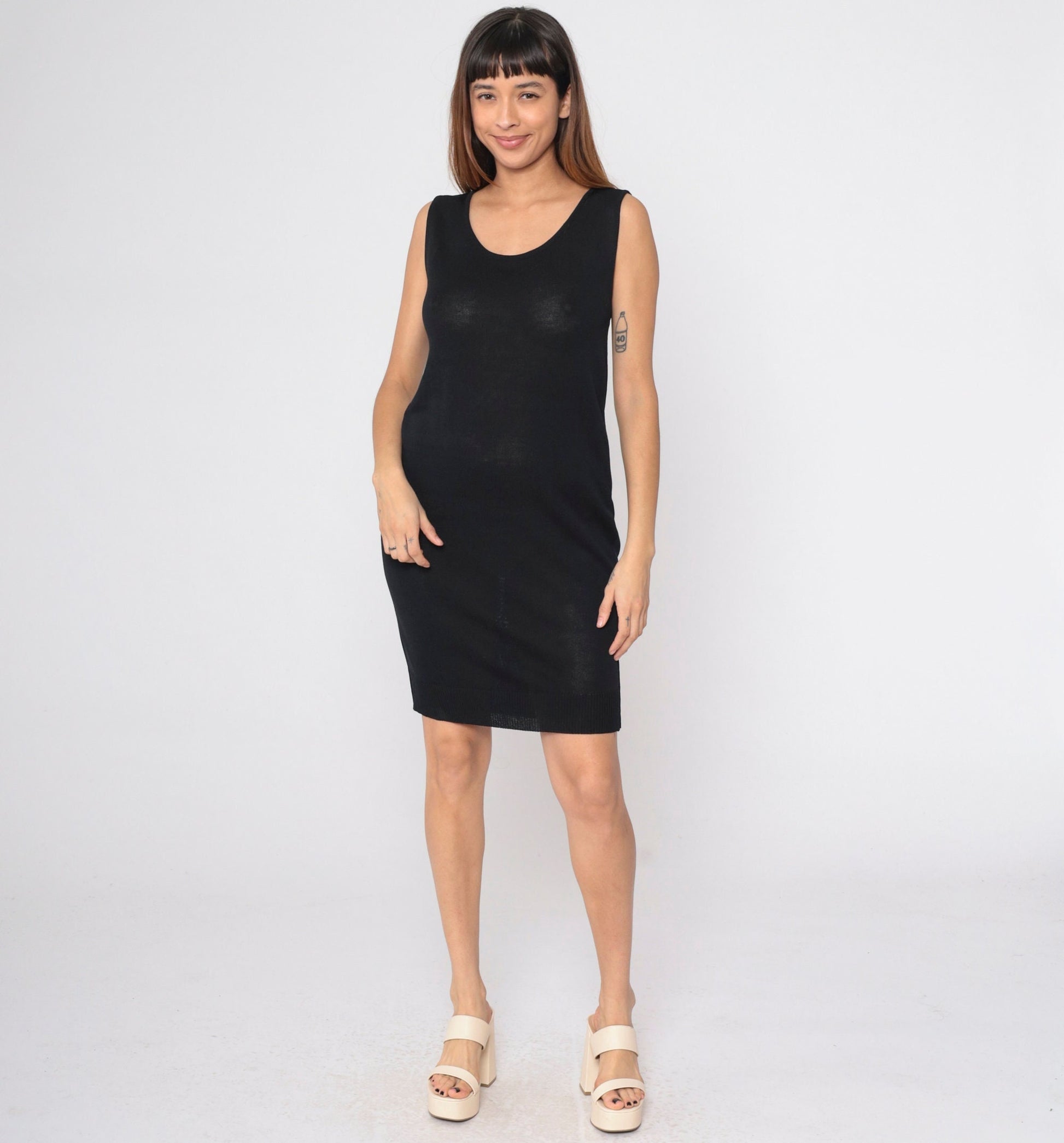 90s Donna Karan Black Knit Mini Dress Semi-Sheer Sleeveless Shift Medium