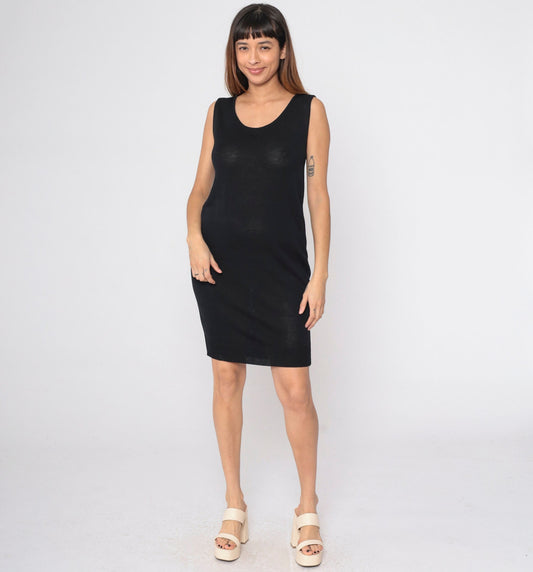90s Donna Karan Black Knit Mini Dress Semi-Sheer Sleeveless Shift Medium