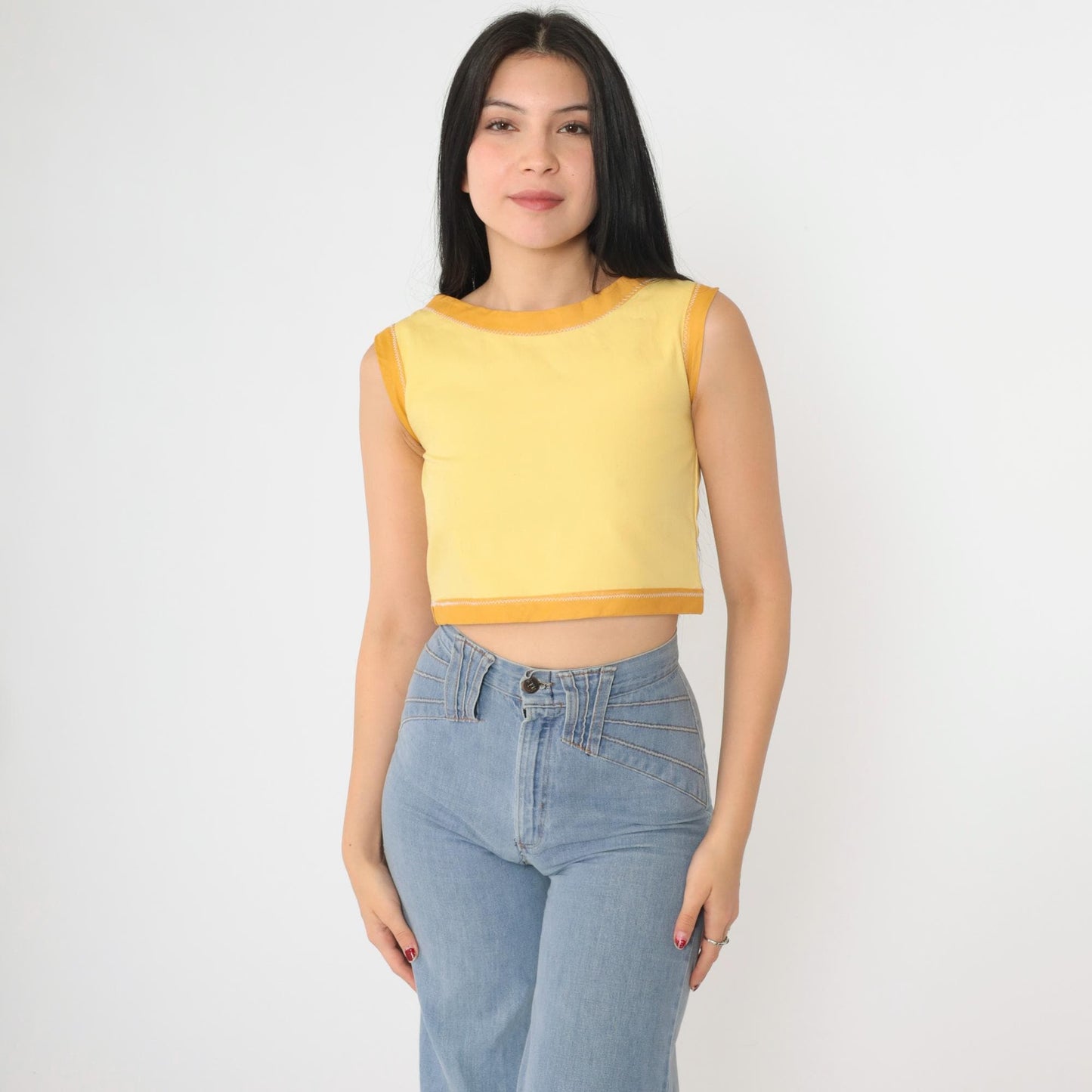 60s Yellow Ringer Crop Tank Top Sleeveless Blouse XXS