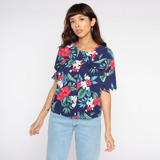 80s Tropical Floral Button-Up Blouse Short Sleeve Blue Medium Large