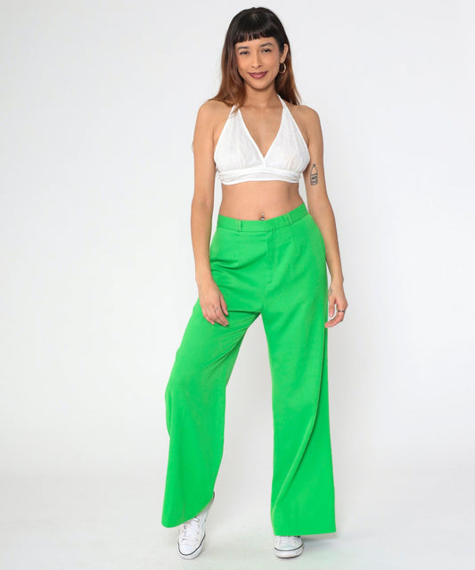 70s Bright Green Bell Bottom Pants High Waist Flared Trousers Medium