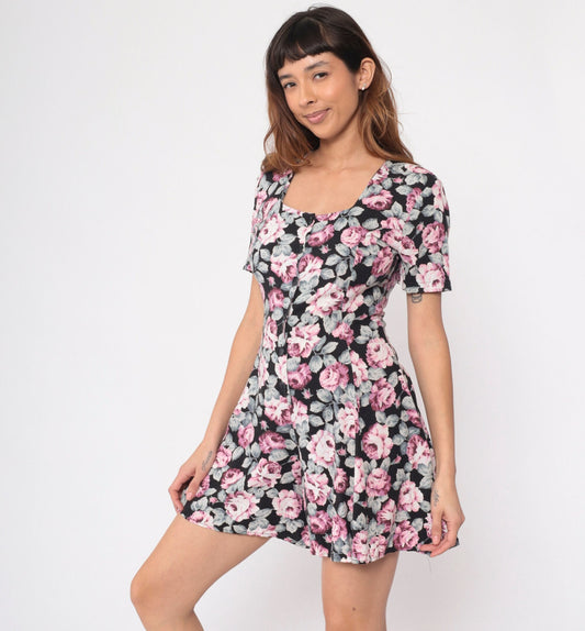 90s Rampage Floral Romper Pink Rose Print Black Button-Up Wide Leg Small S