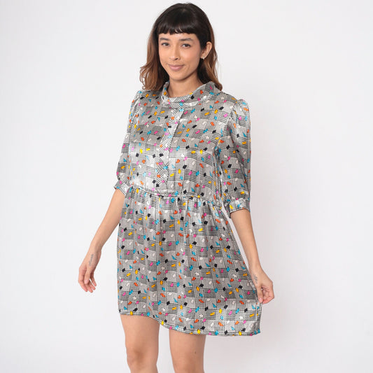 80s Charles Bianco Silk Mini Dress Black White Checkered Confetti Turtleneck Puff Sleeve Medium