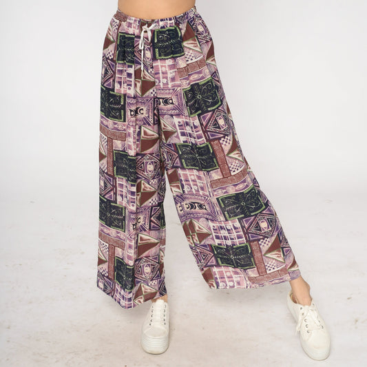 90s Patchwork Abstract Print Wide Leg Pants Purple Drawstring Waist Small