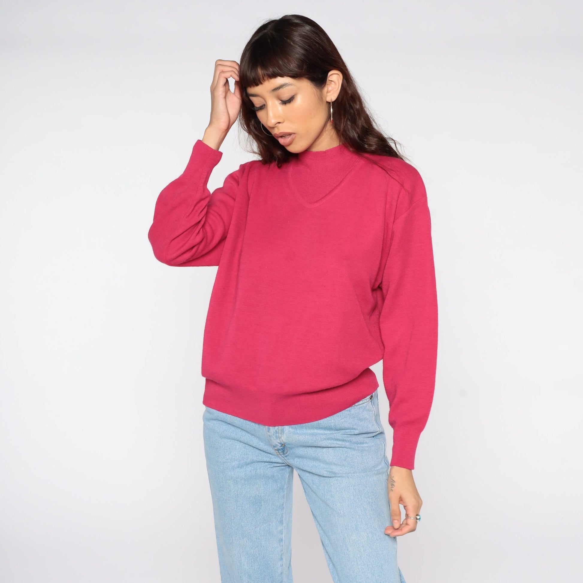 80s Deep Pink Wool Blend Pullover Sweater Knit Crewneck Medium Large