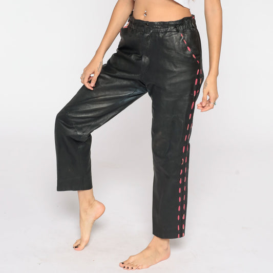 80s Black Leather High-Waist Tapered Pants Medium