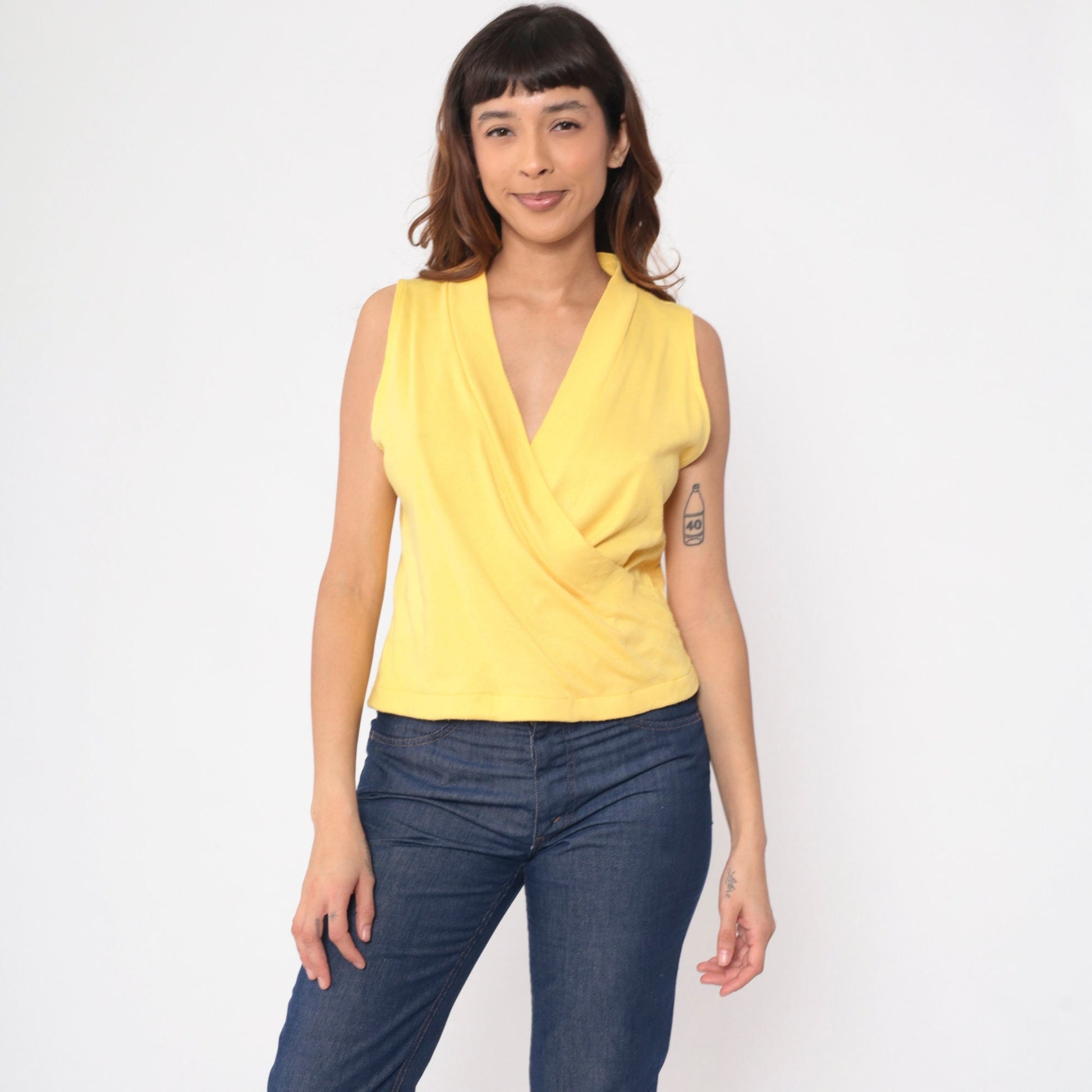 80s Yellow Surplice Tank Top Sleeveless Wrap Neckline Medium